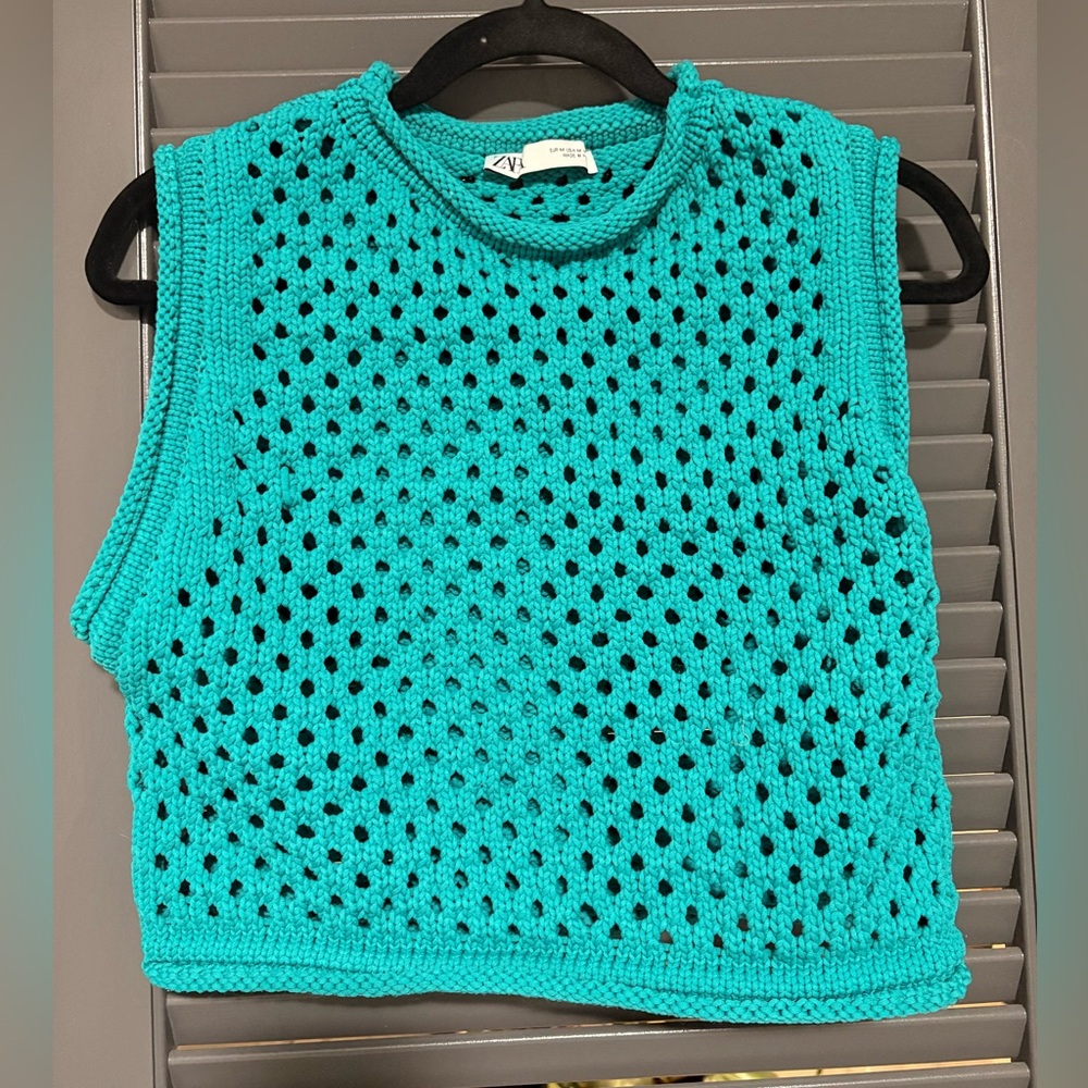 Zara Turquoise Open-Knit Sleeveless Tank